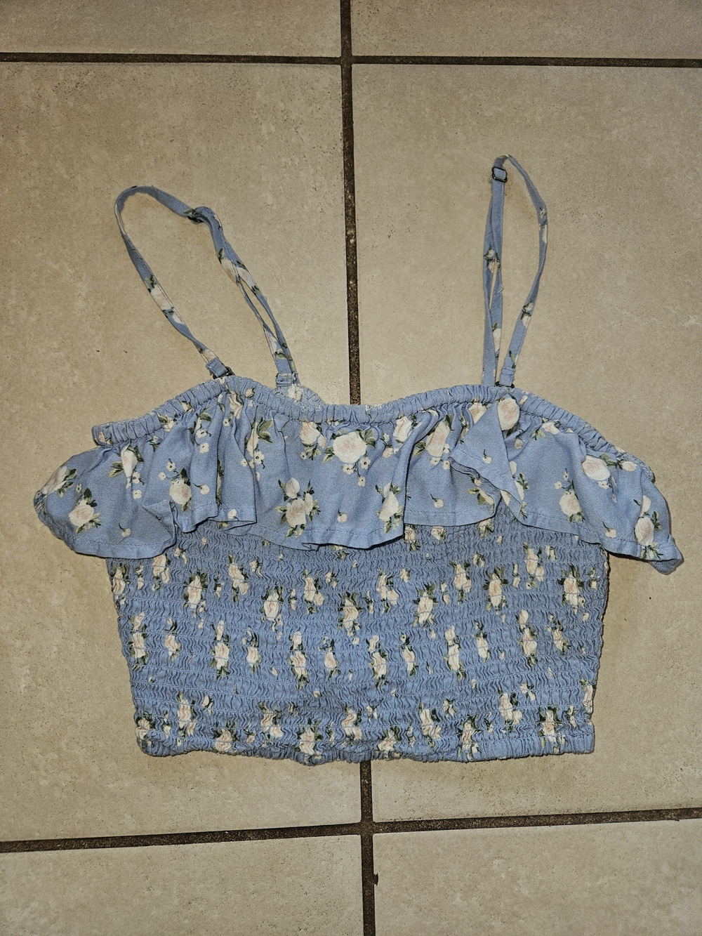 Hollister Light Blue Floral Smocked Ruffle Crop Top